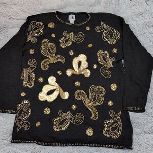 Vintage JK‎ America Sweater 18 20 Black Open Knit Stretch Casual Cozy Beaded